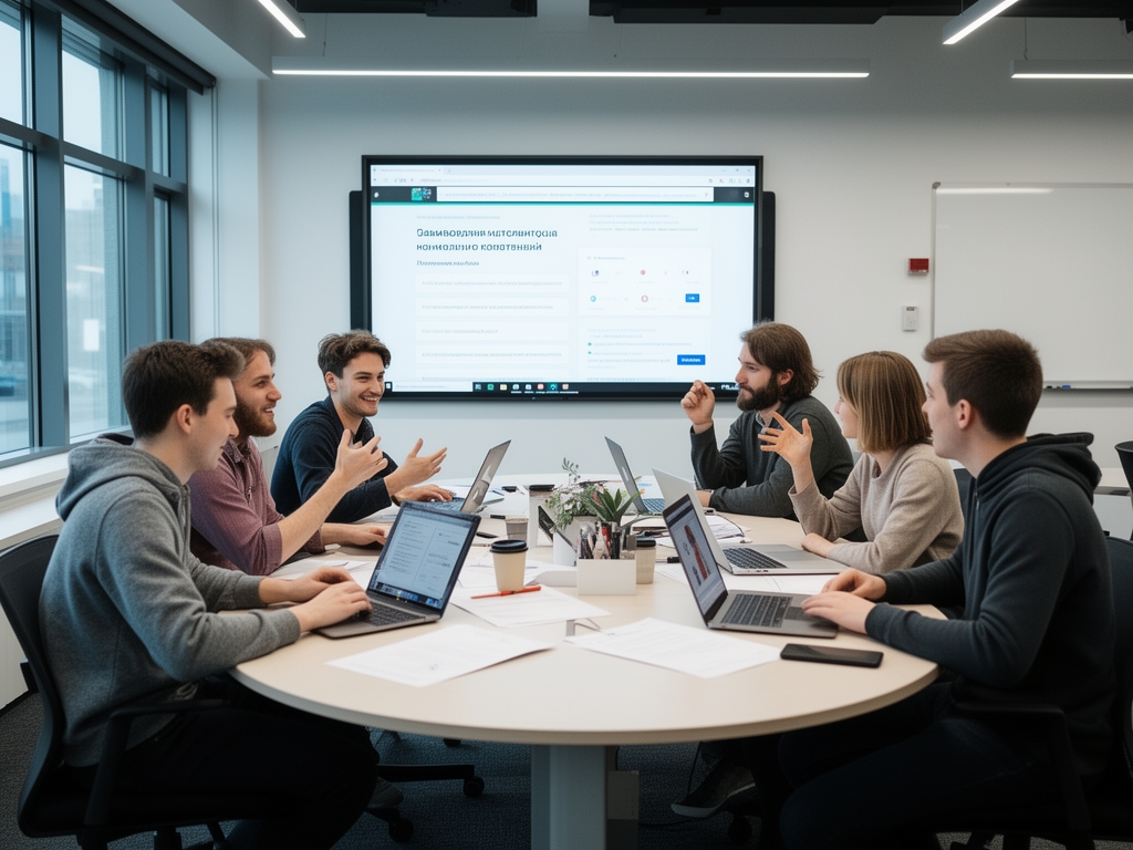 Небольшая группа студентов за круглым столом во время онлайн-семинара по написанию контента, ноутбуки открыты, оживлённое обсуждение в современной учебной аудитории
