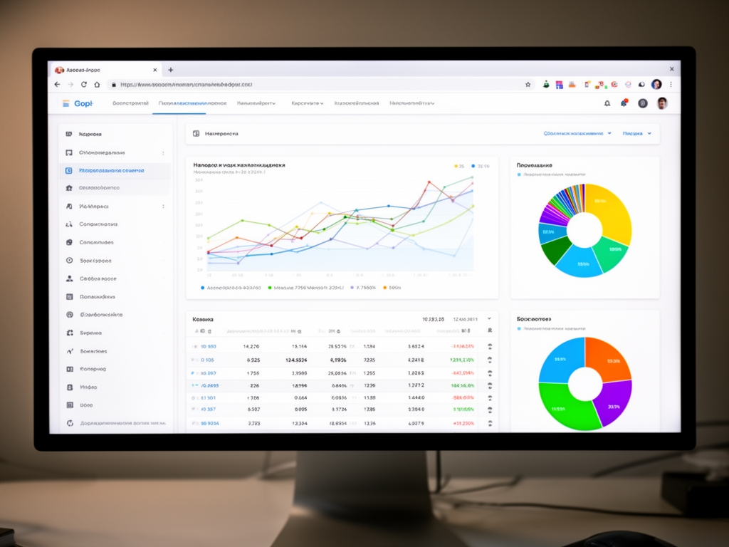Экран монитора с графиками веб-аналитики, таблицами данных и цветными диаграммами — рабочий процесс аналитика контента