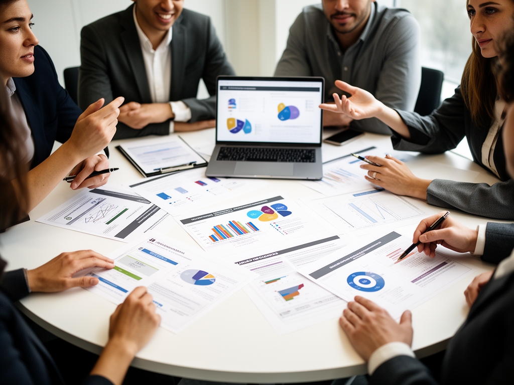 Группа людей обсуждает результаты исследования целевой аудитории за круглым столом, на котором лежат распечатки с диаграммами и ноутбук — совещание по контент-стратегии