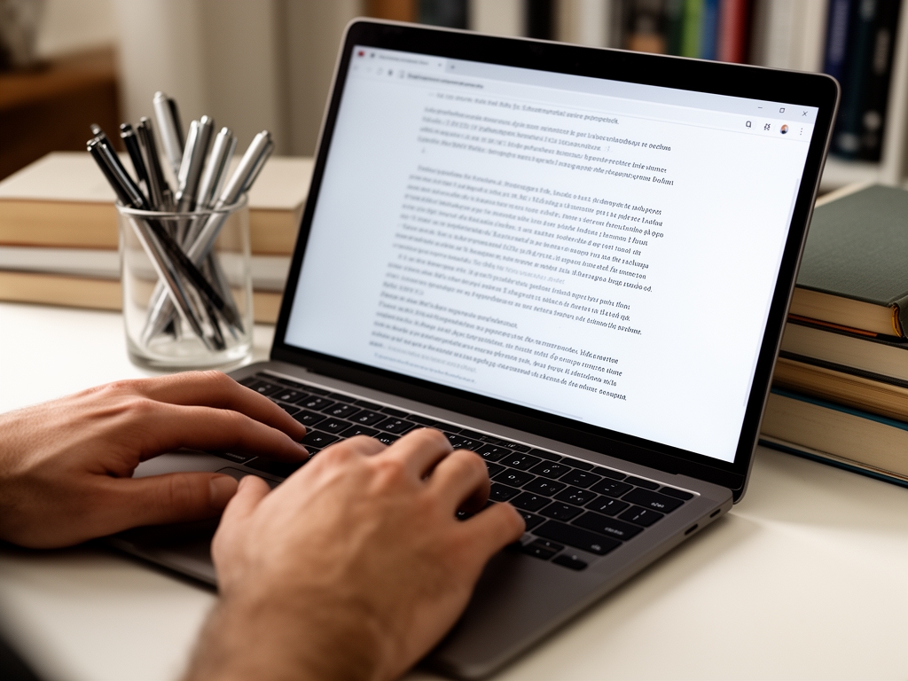 Крупным планом руки на клавиатуре ноутбука с текстовым документом на экране, на столе стакан с ручками и книги — процесс создания профессионального текстового контента