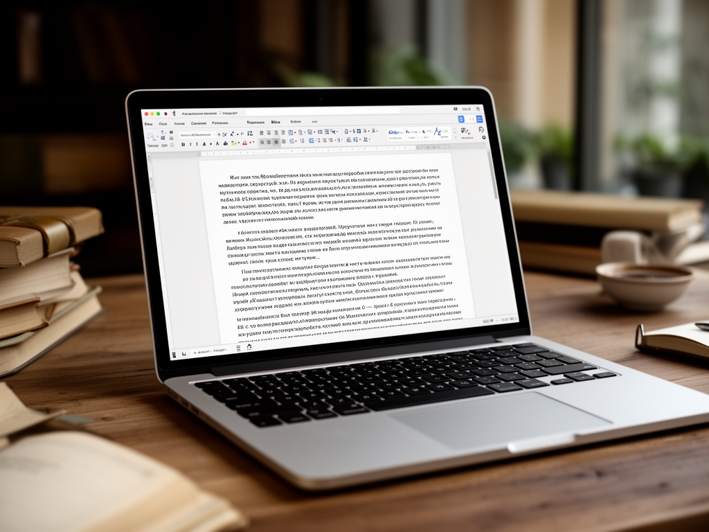 Открытый ноутбук на деревянном столе с текстовым редактором на экране, рядом стакан воды и блокнот с записями — рабочее место профессионального автора контента