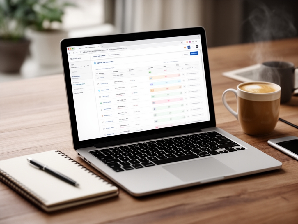 Рабочий стол с ноутбуком, на экране которого открыт инструмент для анализа ключевых слов, рядом кофе и блокнот — исследование ключевых слов для SEO-контента