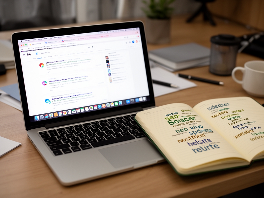 Поисковая система на экране ноутбука с видимыми результатами выдачи, инструменты SEO-анализа ключевых слов на рабочем столе специалиста