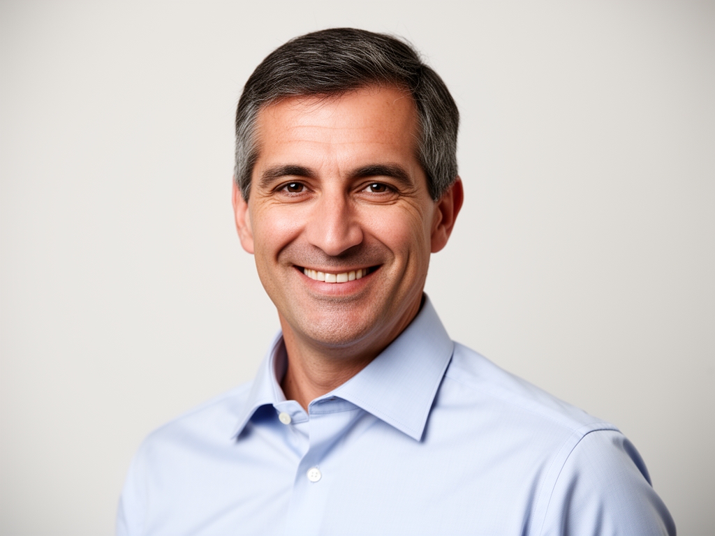 Профессиональный портрет мужчины средних лет в деловой рубашке, уверенная улыбка, нейтральный светлый фон