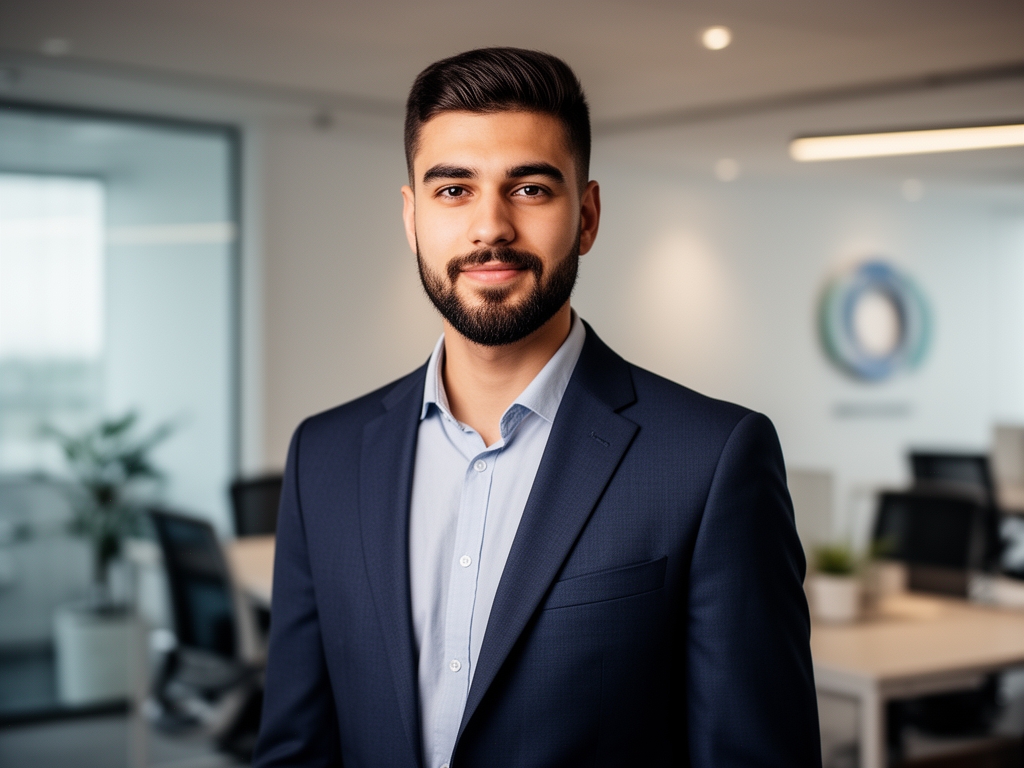 Профессиональный портрет молодого мужчины с короткой бородой, неформальная деловая одежда, современный офисный интерьер на фоне