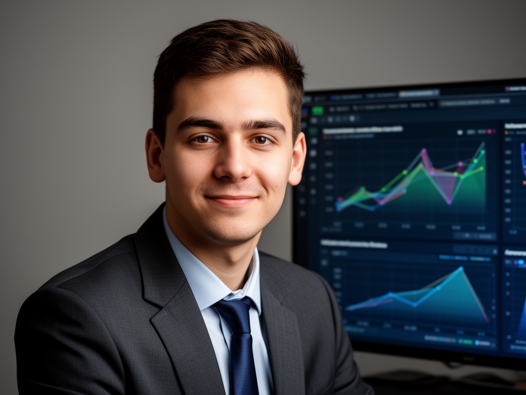 Дэниел Фостер — аналитик данных с 9-летним опытом, преподаватель курса по контент-аналитике в Veltrionyx, мужчина в деловом стиле у экрана с диаграммами