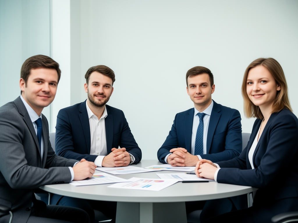 Четверо преподавателей Veltrionyx за круглым столом в светлом конференц-зале обсуждают учебную программу — профессиональная команда экспертов контент-маркетинга