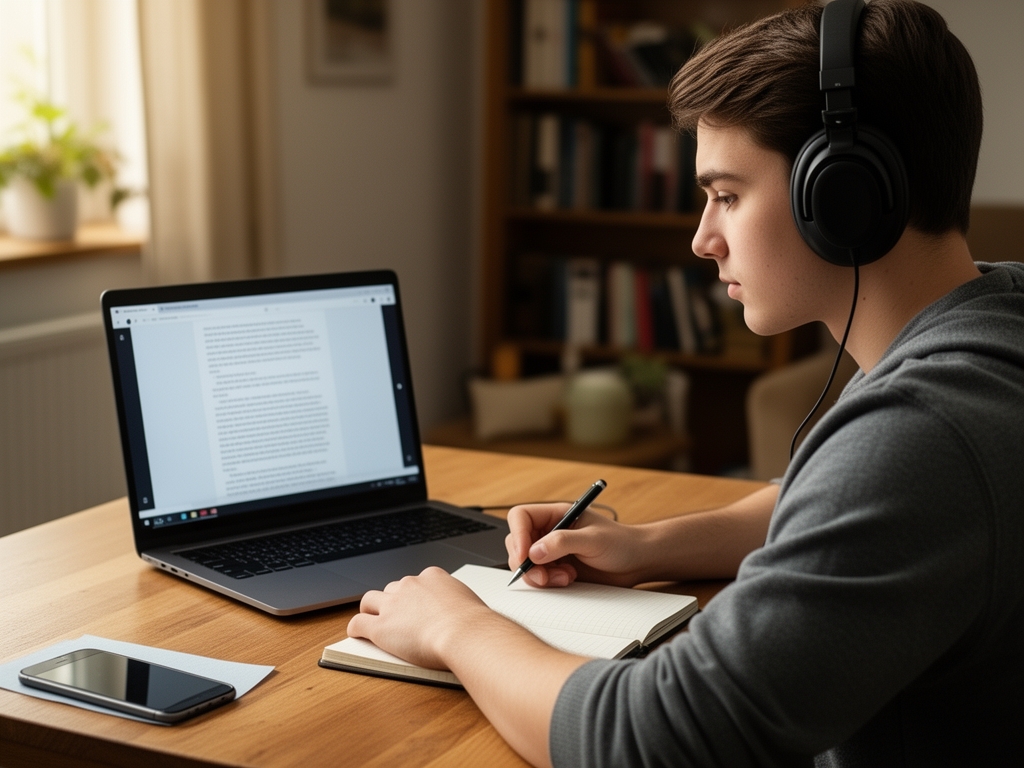 Студент за ноутбуком с наушниками, делает заметки в блокноте во время онлайн-урока по написанию текстов в уютной домашней обстановке