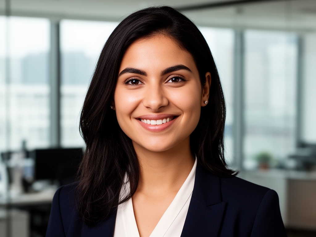 Портрет молодой женщины с улыбкой, тёмные волосы, профессиональный офисный фон